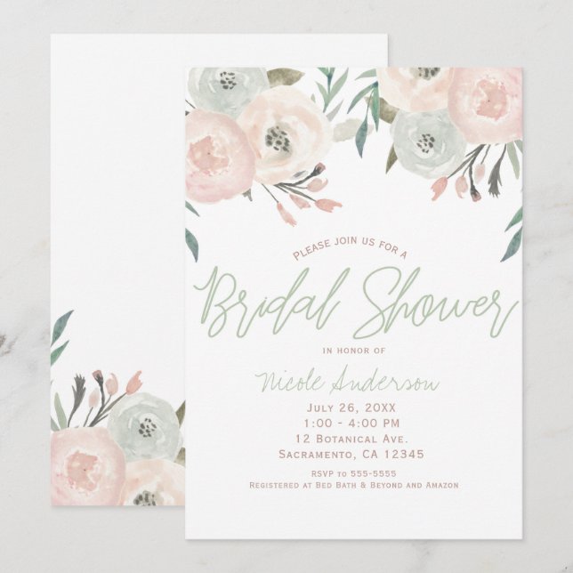 Invitación Floral floral verde rosa y sabrosa ducha de novia (Anverso / Reverso)