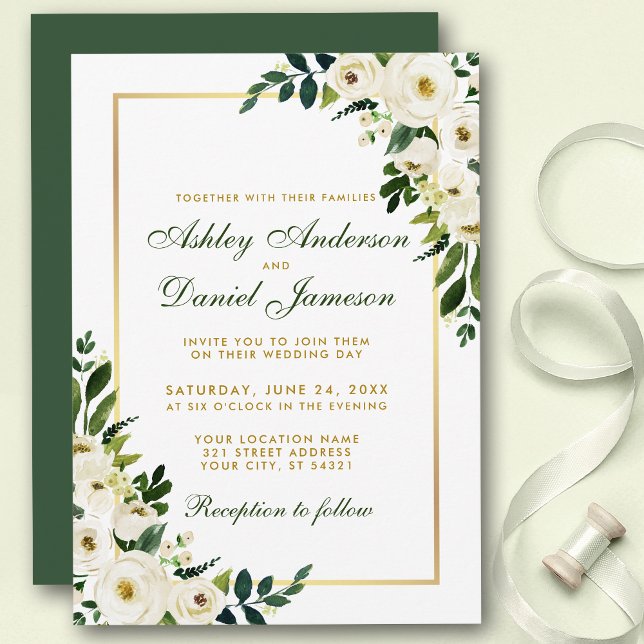 Invitación Floral Floral Verde y Boda de oro (Customize to change text color, style, add text & photos to back or change color of back of card.)