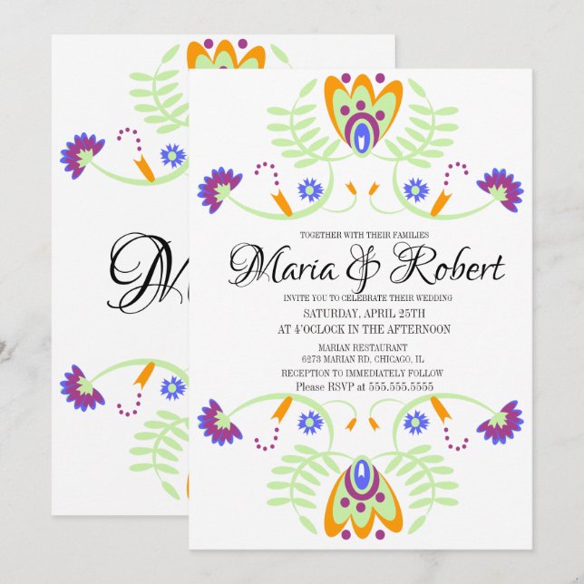 Invitación Floral folclórica Boda mexicana | Bodas audaces (Anverso / Reverso)
