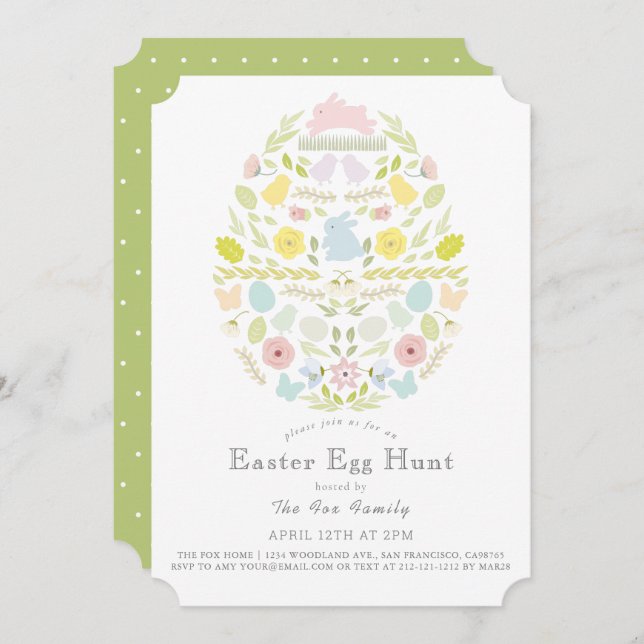 Invitación Floral Foliage Bunny Green Easter Huevo Hunt (Anverso / Reverso)