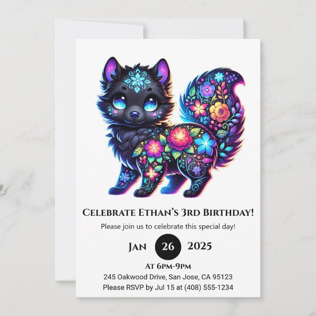 Invitación Floral Folk Fantasy Wolf Cumpleaños (Anverso)