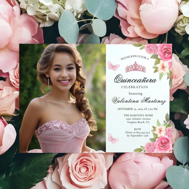Invitación Floral fotográfica Rubor Pink Two Quinceanera (Subido por el creador)
