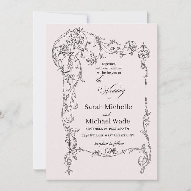 Invitación Floral Frame Calligraphy Wedding Invitation (Anverso)