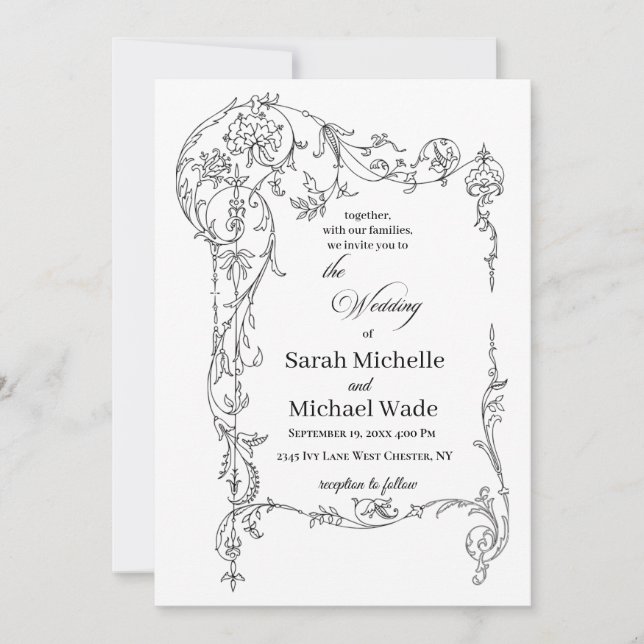 Invitación Floral Frame Calligraphy Wedding Invitation (Anverso)