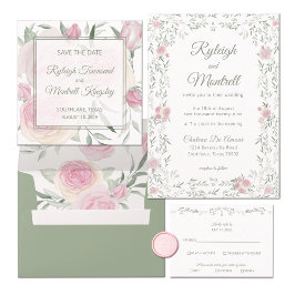 Invitación Floral Frame Pink Roses and Greenery Romantic