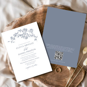 Invitación Floral francés Vintage QR Código Dusty Boda azul