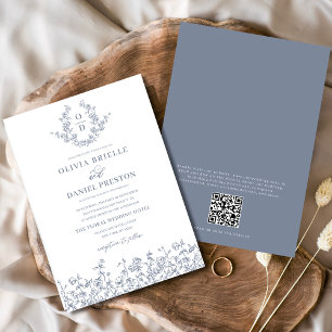Invitación Floral francés Vintage QR Código Dusty Boda azul