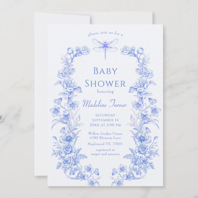 Invitación Floral francesa algo azul Dragonfly Baby Shower (Anverso)