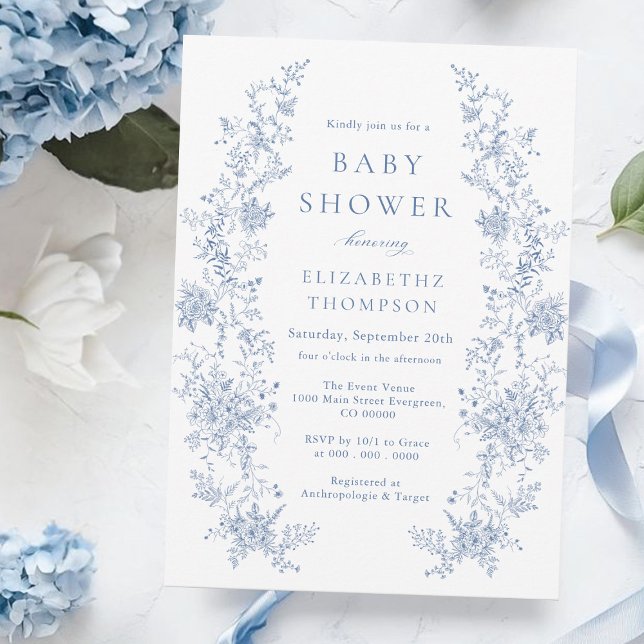 Invitación Floral French Toile Blue Baby Shower (Subido por el creador)