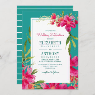 Invitación Floral Fuchsia Turquoise Watercolor Boda