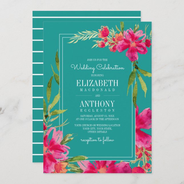 Invitación Floral Fuchsia Turquoise Watercolor Boda (Anverso / Reverso)