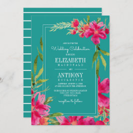 Invitación Floral Fuchsia Turquoise Watercolor Boda