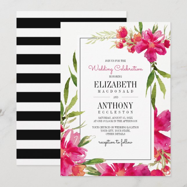 Invitación Floral Fuchsia | Verde | Boda de franjas negras (Anverso / Reverso)