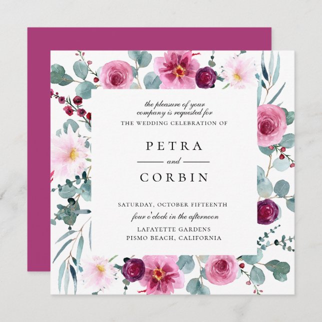 Invitación floral fucsia de la boda del marco (Anverso / Reverso)