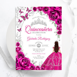 Invitación Floral Fucsia Rosa Plata Quinceañera
