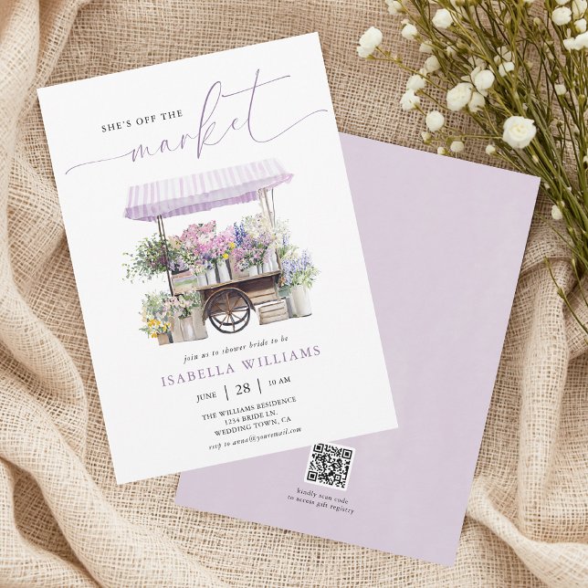 Invitación Floral Fuera del Mercado Despedida de Soltera (The front and back of the invitation are shown at a 5x7 inch. Choose size, paper, + corner style.)
