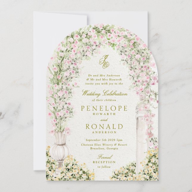 Invitación floral garden arch monogram wedding (Anverso)