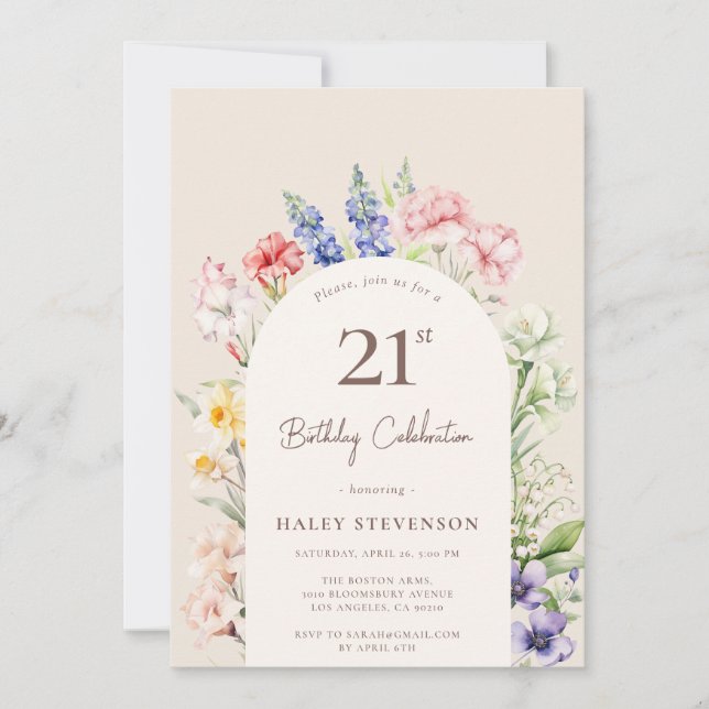 Invitación Floral Garden Arch Whimsical Beige 21º cumpleaños (Anverso)
