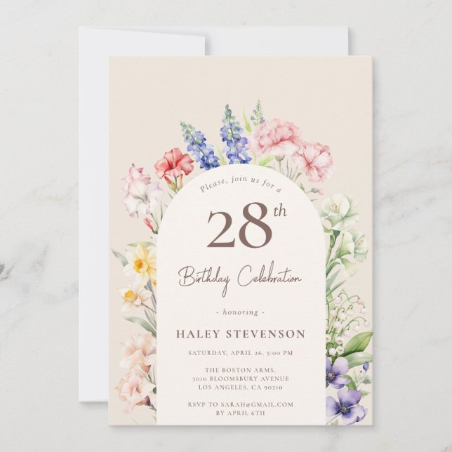 Invitación Floral Garden Arch Whimsical Beige 28º cumpleaños (Anverso)
