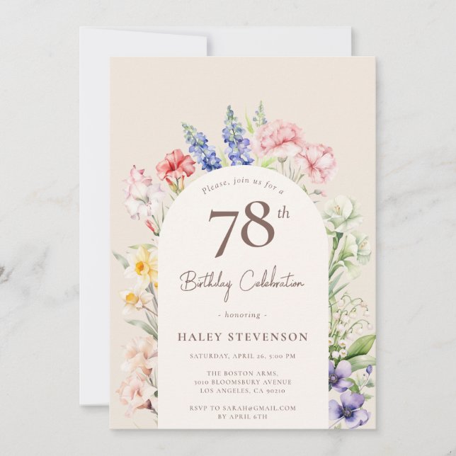 Invitación Floral Garden Arch Whimsical Beige 78º cumpleaños (Anverso)