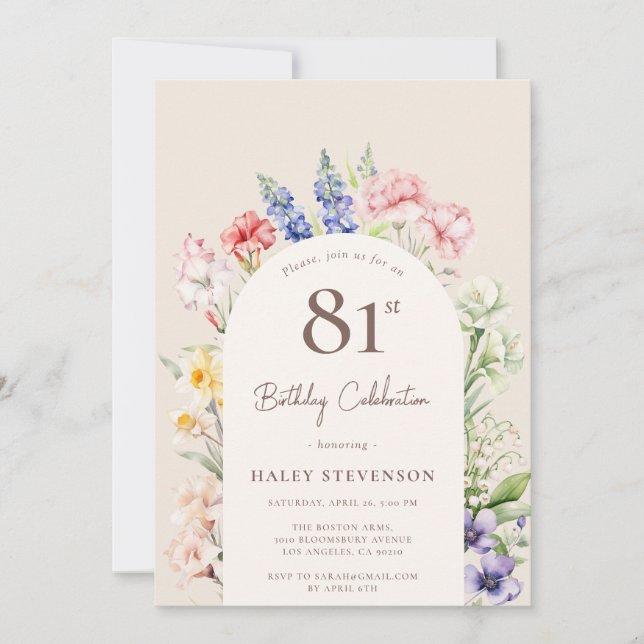 Invitación Floral Garden Arch Whimsical Beige 81 cumpleaños (Anverso)
