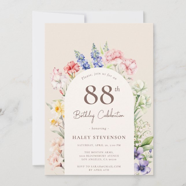Invitación Floral Garden Arch Whimsical Beige 88º cumpleaños (Anverso)