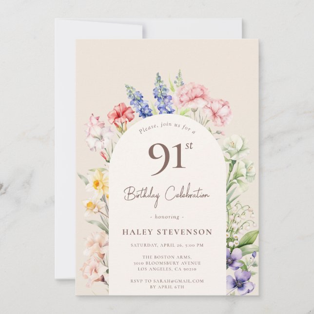 Invitación Floral Garden Arch Whimsical Beige 91º cumpleaños (Anverso)