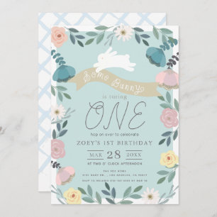 Invitación Floral Garden Blue White Bunny Chica Primer cumple