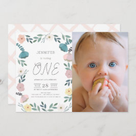 Invitación Floral Garden Chica Blanco Foto Primer cumpleaños