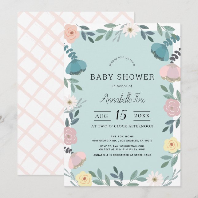 Invitación Floral Garden Light Blue Baby Shower (Anverso / Reverso)