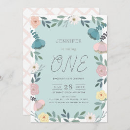 Invitación Floral Garden Light Blue Chica Primer Cumpleaños