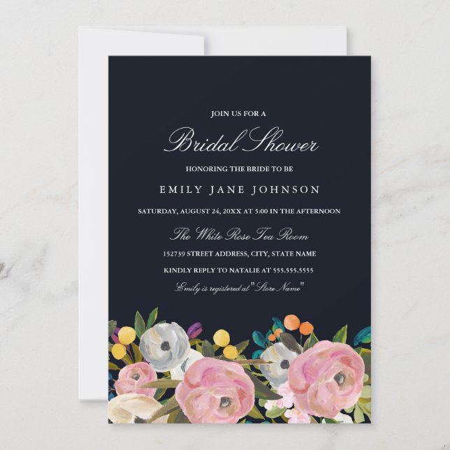 Invitación Floral Garden Pink Blue Bridal Shower (Anverso)