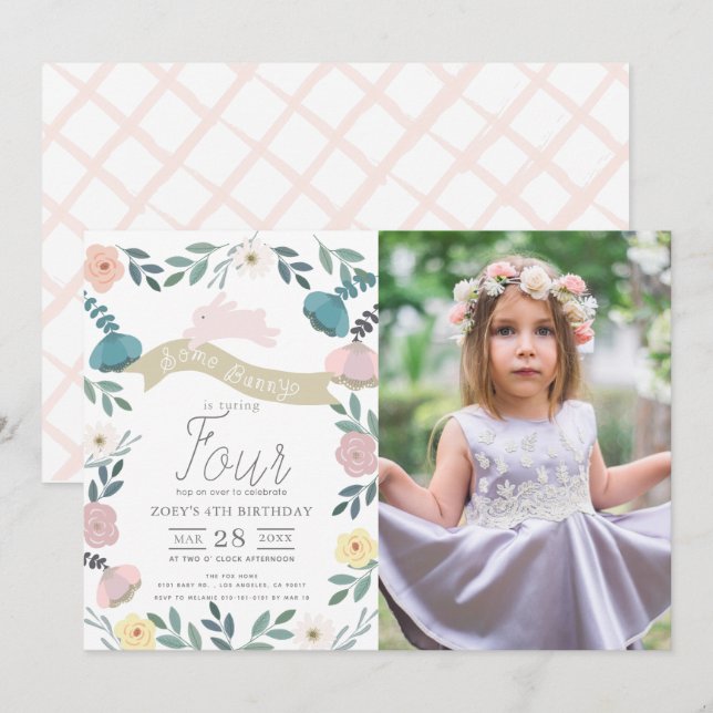 Invitación Floral Garden Pink Bunny Chica Foto Cumpleaños (Anverso / Reverso)