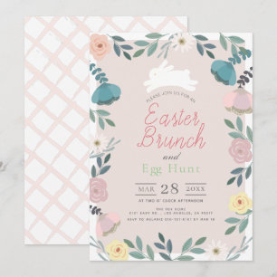 Invitación Floral Garden Pink Bunny Easter Brunch & Egg Hunt