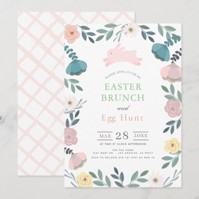 Invitación Floral Garden Pink Bunny White Easter Brunch (Anverso / Reverso)