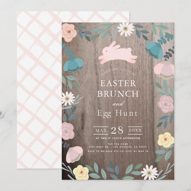 Invitación Floral Garden Pink Bunny Wood Brunch de Pascua (Anverso / Reverso)