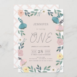 Invitación Floral Garden Rubor Chica Rosa Primer cumpleaños