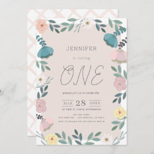 Invitación Floral Garden Rubor Chica Rosa Primer cumpleaños
