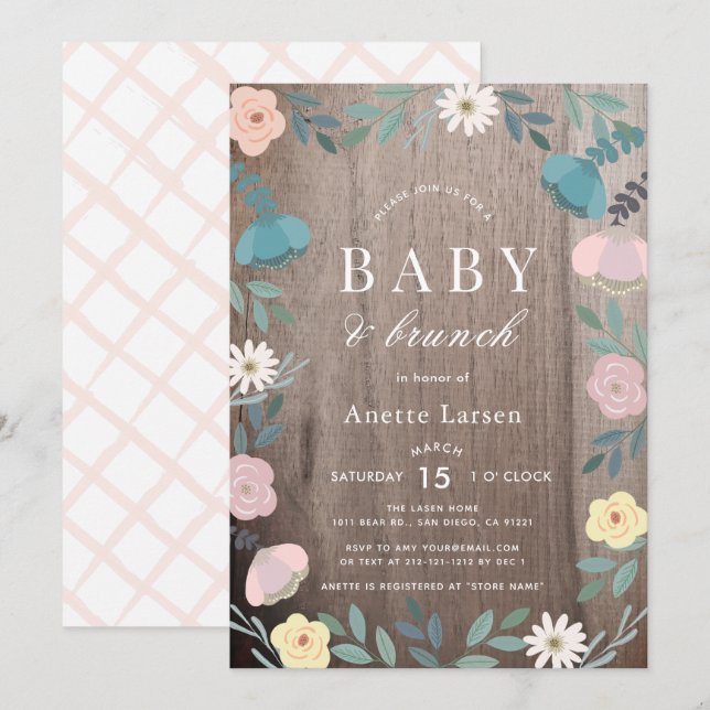 Invitación Floral Garden Rustic Wood Chica Brunch Baby Shower (Anverso / Reverso)
