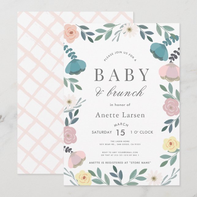 Invitación Floral Garden White Chica Brunch Baby Shower (Anverso / Reverso)
