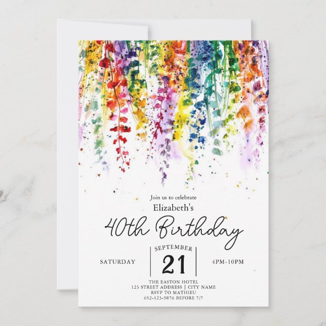 Invitación Floral Garden Wildflowers 40 cumpleaños (Anverso)