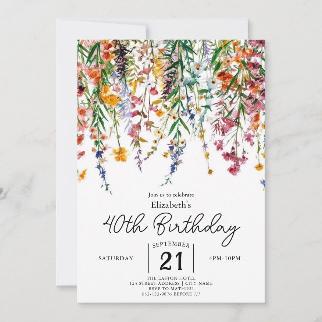 Invitación Floral Garden Wildflowers 40 cumpleaños (Anverso)