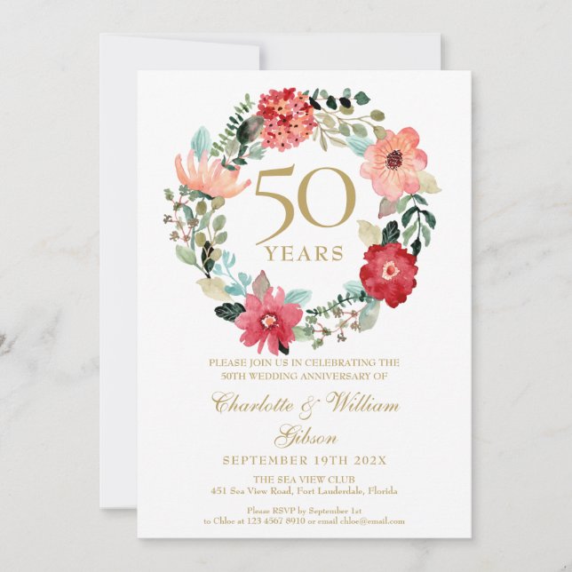 Invitación Floral Garland Chic Gold 50 Aniversario de Boda (Anverso)
