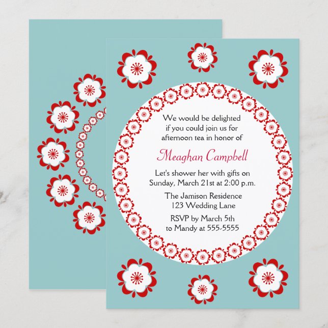 Invitación Floral Garland Verde azulado Red Bridal Shower (Anverso / Reverso)