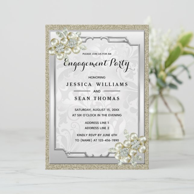 Invitación Floral Gem Marco de Plata, Compromiso de Oro y Pla (Anverso de pie)