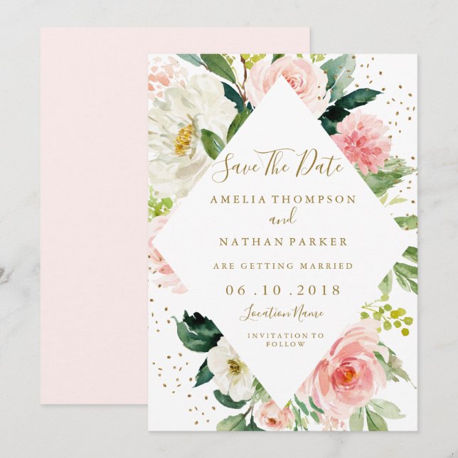Invitación Floral Geometric Pink Rubor Gold Ahorra La Fecha (Anverso / Reverso)