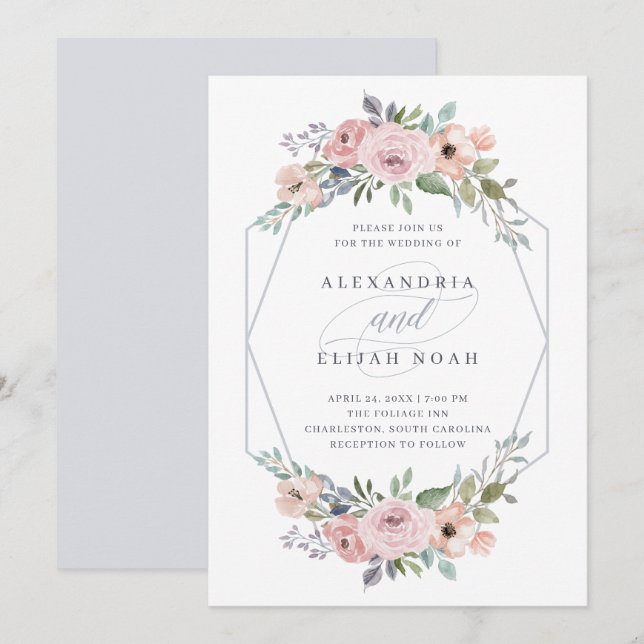 Invitación Floral geométrica azul y Rosa | BODA (Anverso / Reverso)