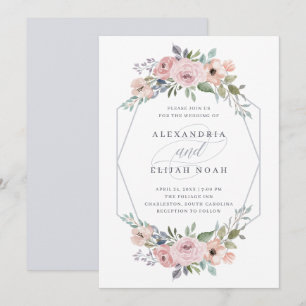 Invitación Floral geométrica azul y Rosa BODA