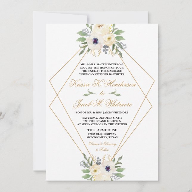 Invitación floral geométrica moderna en blanco y o (Anverso)