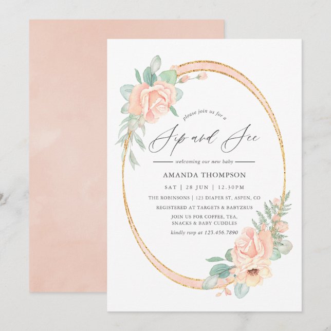 Invitación Floral Geométrica Pastel Rosado para Br (Anverso / Reverso)